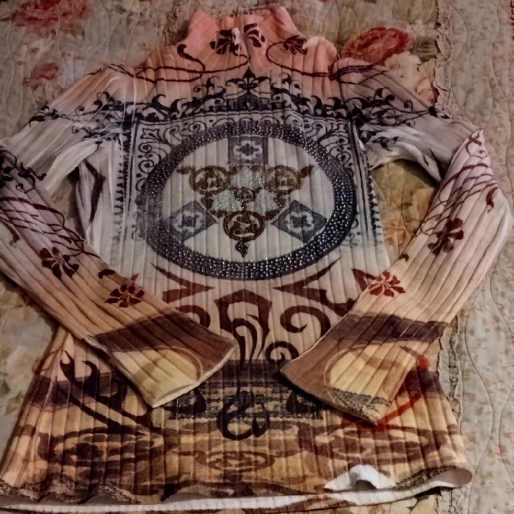 S-Twelve Artistic Patterned Knit Top in Cream/Brown Tones With Crystal Design S